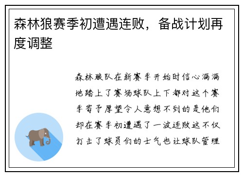 森林狼赛季初遭遇连败，备战计划再度调整
